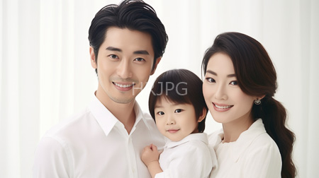 High Resolution: Asian family with light skin tones standing close together against white curtains in soft natural lighting download. | HRJPG.com
