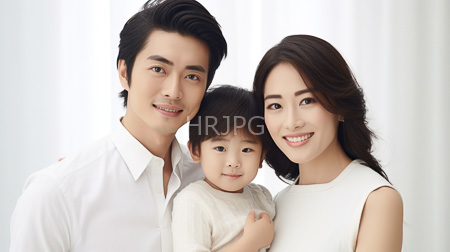 High Resolution: Asian family with light skin tones standing closely together against white curtains in soft natural lighting download. | HRJPG.com