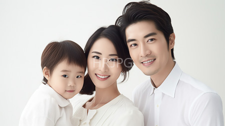 High Resolution: Asian family with three members featuring parents and one child in soft white clothing against a bright background download. | HRJPG.com