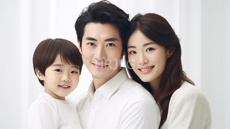 High Resolution: Asian family with three members featuring parents and one child in soft white clothing against a bright background download. | HRJPG.com