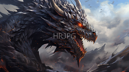 High Resolution: Imposing dark-scaled dragon with glowing orange eyes and sharp horns against a stormy sky download. | HRJPG.com