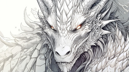 High Resolution: Intricate white-scaled dragon with sharp horns and piercing orange eyes set against a light gray background download. | HRJPG.com