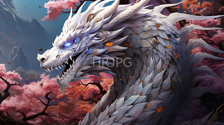 High Resolution: Imposing white-scaled dragon with glowing blue eyes amidst vibrant pink cherry blossoms on twisted branches download. | HRJPG.com