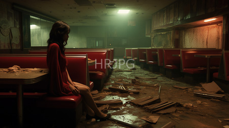 High Resolution: Abandoned dim-lit diner with red vinyl booths and tables scattered debris on wet floors download. | HRJPG.com