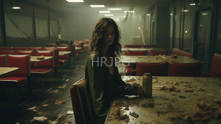 High Resolution: Atmospheric dim-lit diner with red booths and tables scattered with food debris download. | HRJPG.com