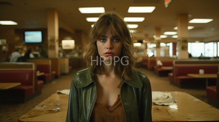 High Resolution: Female character in an empty dim-lit diner with red booths and wooden tables download. | HRJPG.com