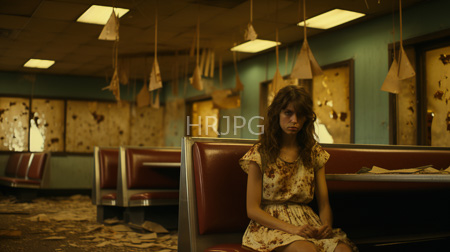 High Resolution: Emotionally distressed young woman sitting in a deserted vintage diner featuring red leather booths download. | HRJPG.com
