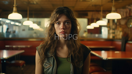 High Resolution: Attractive young woman with long wavy brown hair standing in dim-lit diner download. | HRJPG.com