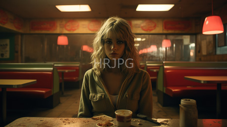 High Resolution: Young blonde woman with wavy hair wearing an olive green jacket in dim diner setting download. | HRJPG.com