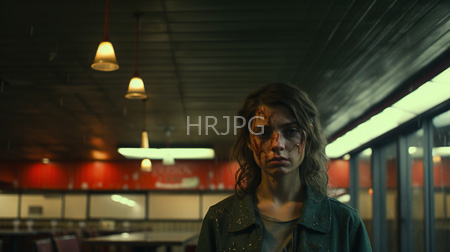 High Resolution: Young woman with dirty blood-streaked face and wavy brown hair in an old-fashioned diner at night download. | HRJPG.com