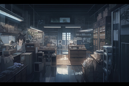 High Resolution: Anime-style illustration of an industrial workshop bathed in dim blue-tinted light featuring a cat-eared girl download. | HRJPG.com