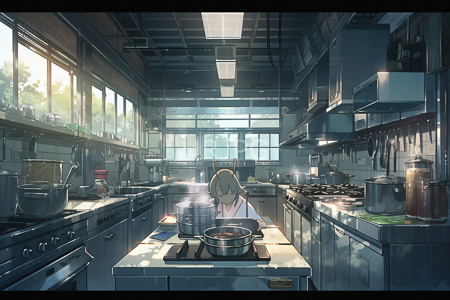 High Resolution: Anime-style drawing of an older woman with short blonde hair cooking at stove in modern kitchen download. | HRJPG.com