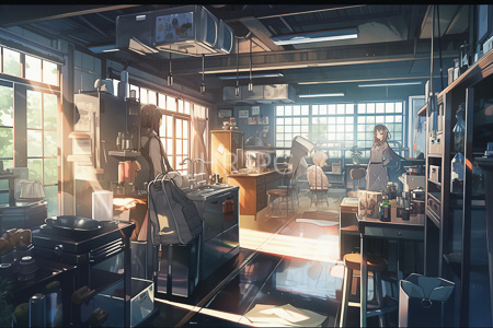 High Resolution: Anime-style illustration of an industrial kitchen bathed in warm sunlight streaming through large windows featuring two women download. | HRJPG.com