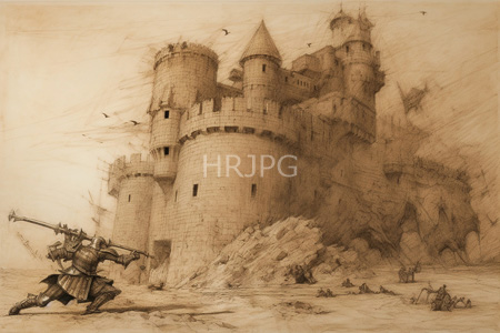 High Resolution: Sepia-toned armored warrior with long hair wielding a large spear charging towards medieval castle towers download. | HRJPG.com