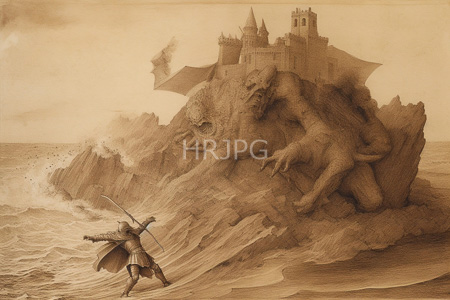 High Resolution: Sepia-toned armored knight with sword leaping towards two monstrous creatures on rocky cliffs download. | HRJPG.com