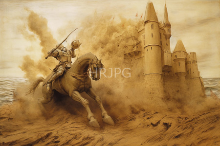 High Resolution: Sepia-toned armored knight on horseback charging towards medieval-style castle towers with smoke billowing download. | HRJPG.com