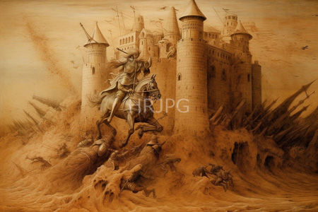 High Resolution: Sepia-toned medieval knights on horseback charging up rocky terrain towards an imposing castle-like structure download. | HRJPG.com