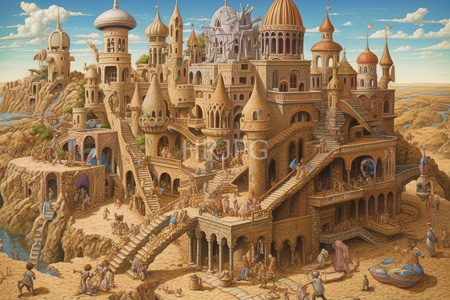 High Resolution: Fantastical desert city with numerous golden-brown towers and domes adorned in Middle Eastern architectural style download. | HRJPG.com