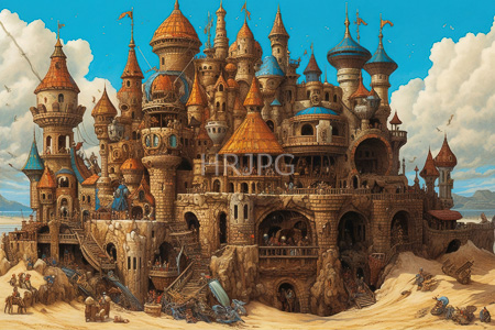 High Resolution: Fantastical medieval-style castle with numerous turrets and domes covered by red-orange roofs or blue-domed tops download. | HRJPG.com