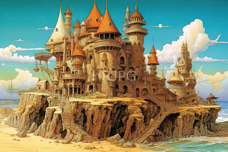High Resolution: Fantastical medieval-style castle perched on rocky cliffs by a beach with turquoise waves download. | HRJPG.com