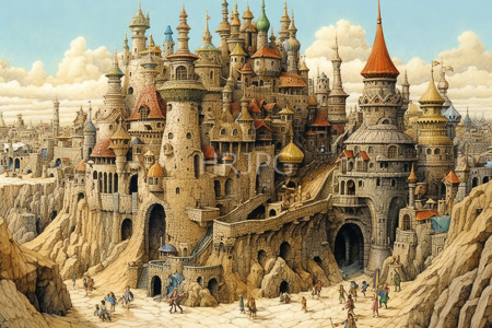 High Resolution: Fantastical medieval castle complex with numerous colorful turrets and spires in shades of red green blue yellow and brown download. | HRJPG.com