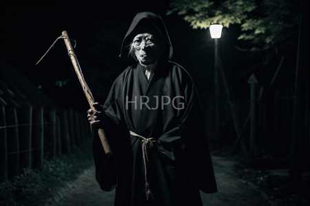 High Resolution: Eerie masked figure in black hooded robe holding wooden staff on dim-lit path at night download. | HRJPG.com