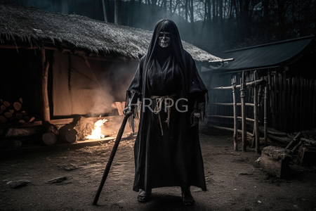 High Resolution: Eerie hooded figure in dark robes with skeletal face paint holding a staff standing before rustic wooden huts download. | HRJPG.com