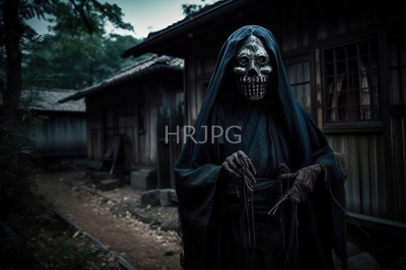 High Resolution: Eerie skeletal-faced figure in dark blue hooded robe standing on dirt path beside rustic wooden house download. | HRJPG.com