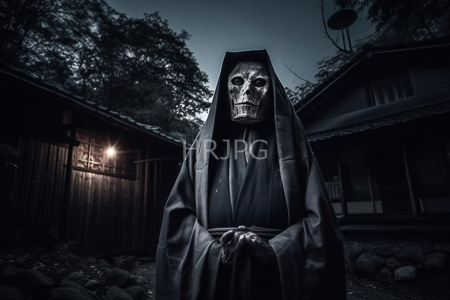 High Resolution: Eerie figure in dark hooded robes with skeletal mask face standing between two wooden buildings at dusk download. | HRJPG.com