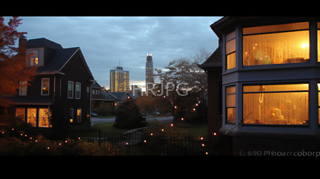 High Resolution: Suburban neighborhood at dusk featuring two illuminated houses with warm yellow lights download. | HRJPG.com