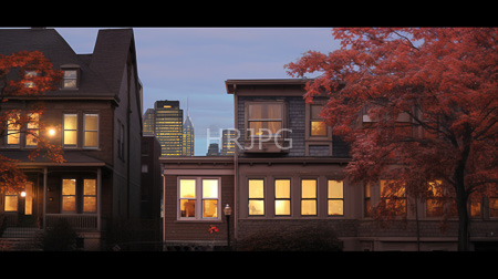 High Resolution: Urban neighborhood at dusk featuring three-story brick and wood houses with warm yellow-lit windows download. | HRJPG.com