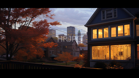 High Resolution: Autumn evening in suburban neighborhood featuring warm yellow-lit house on right with large windows download. | HRJPG.com