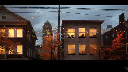 High Resolution: Urban neighborhood at dusk illuminated brick buildings warm yellow lights stringed fairy lights overhead tall skyscraper cloudy skies download. | HRJPG.com