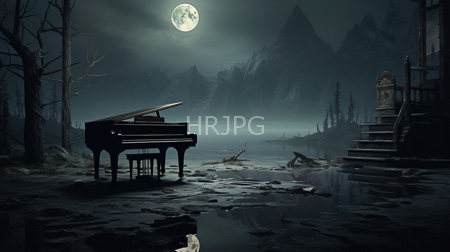 High Resolution: Eerie moonlit forest scene jagged mountains mist over water dark grand piano rocky shore leafless trees old stone staircase download. | HRJPG.com