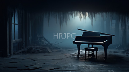 High Resolution: Abandoned dimly lit room peeling paint broken floorboards grand piano shattered windows open lid sheet music inside eerie blue light download. | HRJPG.com