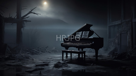 High Resolution: Dark atmospheric abandoned room shattered debris overgrown plants moonlight mist broken windows grand piano sheet music inside download. | HRJPG.com