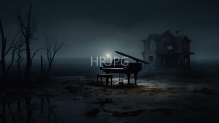 High Resolution: Dark atmospheric abandoned piano desolate ground leafless trees reflective puddles moonlight dilapidated house misty fog download. | HRJPG.com