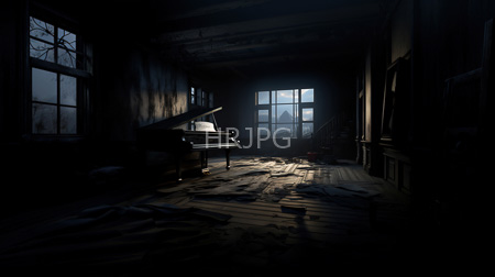 High Resolution: Abandoned dim-lit room wooden floors debris shadows moonlight windows central upright piano partial light bookshelves download. | HRJPG.com
