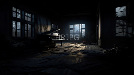 High Resolution: Dark atmospheric abandoned room scattered papers broken window panes eerie shadows peeling paint grand piano center-right download. | HRJPG.com