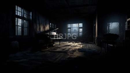High Resolution: Abandoned dim-lit room broken floorboards scattered debris moonlight stream foggy glass panes upright piano left empty chair download. | HRJPG.com