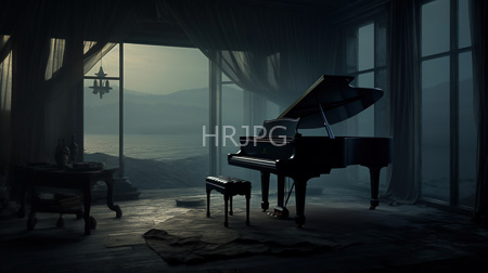 High Resolution: Moody elegant room dim lighting large windows misty mountains grand piano centered polished floors bench open lid download. | HRJPG.com