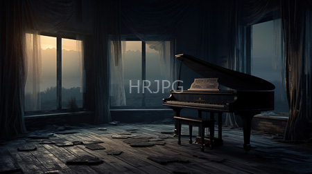 High Resolution: Abandoned dim-lit room large windows misty mountains sunrise grand piano disrepair broken planks dust-covered music sheets download. | HRJPG.com