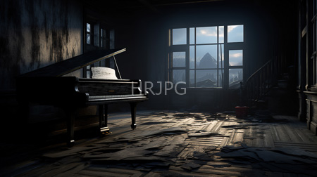 High Resolution: Abandoned dim-lit room broken floorboards debris upright piano left staircase window misty cityscape soft sunlight download. | HRJPG.com