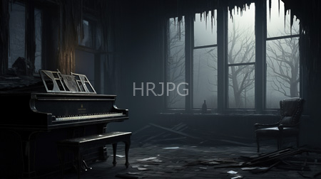 High Resolution: Dark atmospheric abandoned room broken windows leafless trees foggy light vintage piano bench scattered papers icicles download. | HRJPG.com