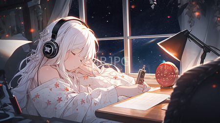 High Resolution: Anime-style ethereal white-haired girl large black headphones pajamas sitting wooden desk night-lit window starry sky writing download. | HRJPG.com