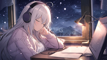 High Resolution: Anime-style asleep long-haired girl white hair purple headphones night window starry sky cardigan resting open books download. | HRJPG.com