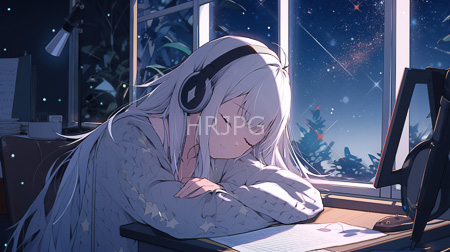 High Resolution: Anime-style asleep girl long white hair star-patterned pajamas black headphones resting desk large windows night sky stars download. | HRJPG.com