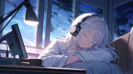 High Resolution: Anime-style asleep white-haired girl closed eyes black headphones light blue sweater window night desk monitor soft lamp download. | HRJPG.com