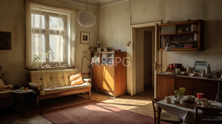 High Resolution: Old sunlit living room beige walls wooden furniture tufted cream sofa large window sheer curtains side table books download. | HRJPG.com