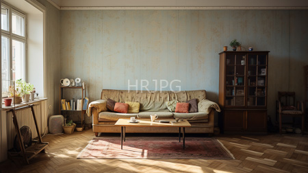 High Resolution: Eclectic sunlit living room beige textured walls parquet flooring vintage green sofa colorful cushions red rug coffee table download. | HRJPG.com